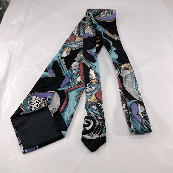Men’s Silk Neck Tie Abstract Print in Black, Teal, Red, Gold, & Silver ⭐️ EUC - Picture 3 of 4